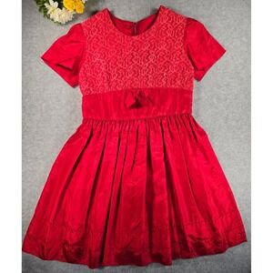 Vintage Handmade 80s Red Lace Bodice Short Sleeve Party Dress Girls Size 6/8